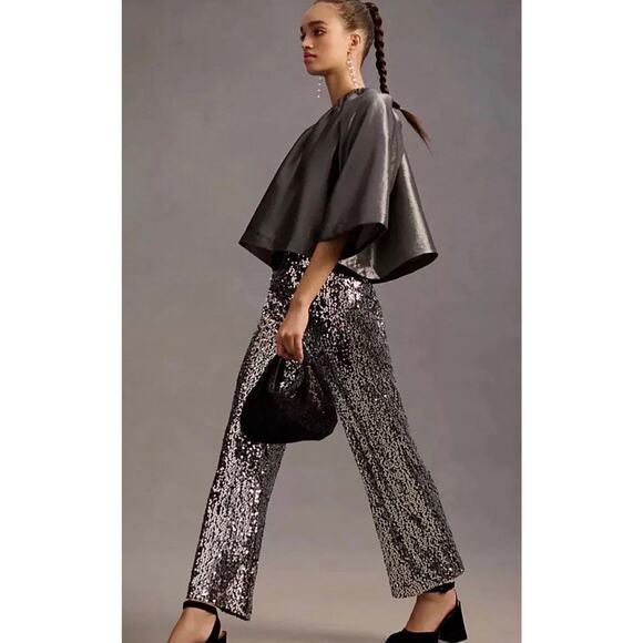 Maeve Anthropologie Colette Cropped Wide-Leg Sequin Pants Silver Size 32 Party - Picture 2 of 11